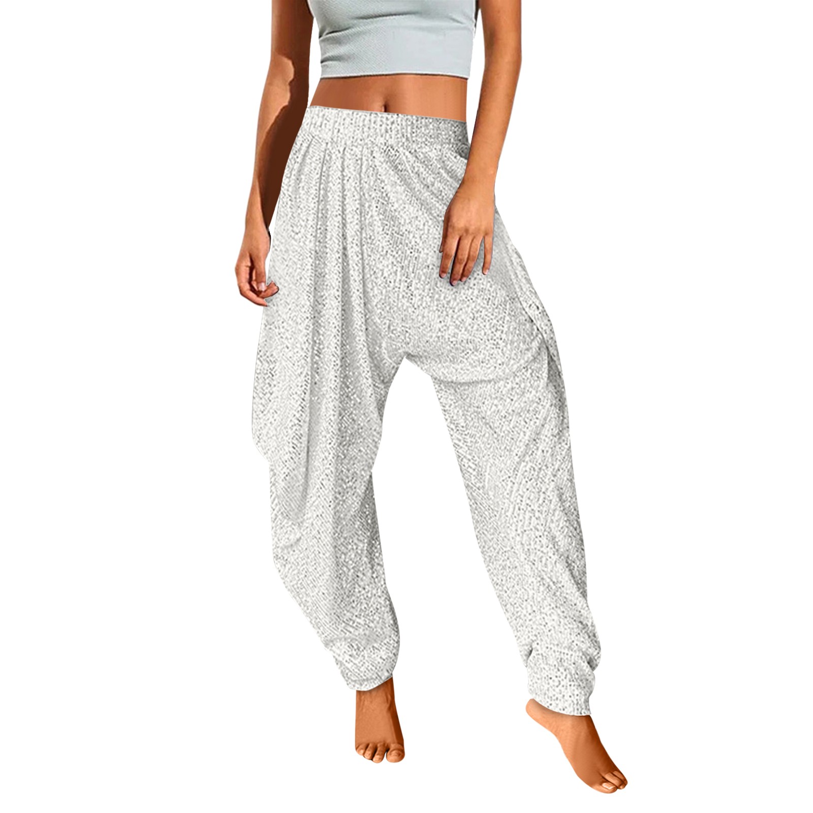 thumbnail image 2 of Pantalones harem con cintura elástica y lentejuelas para mujer: corte holgado, cintura media, bolsillos, pantalones bombachos informales de color liso para fiestas/uso diario, 2 of 7